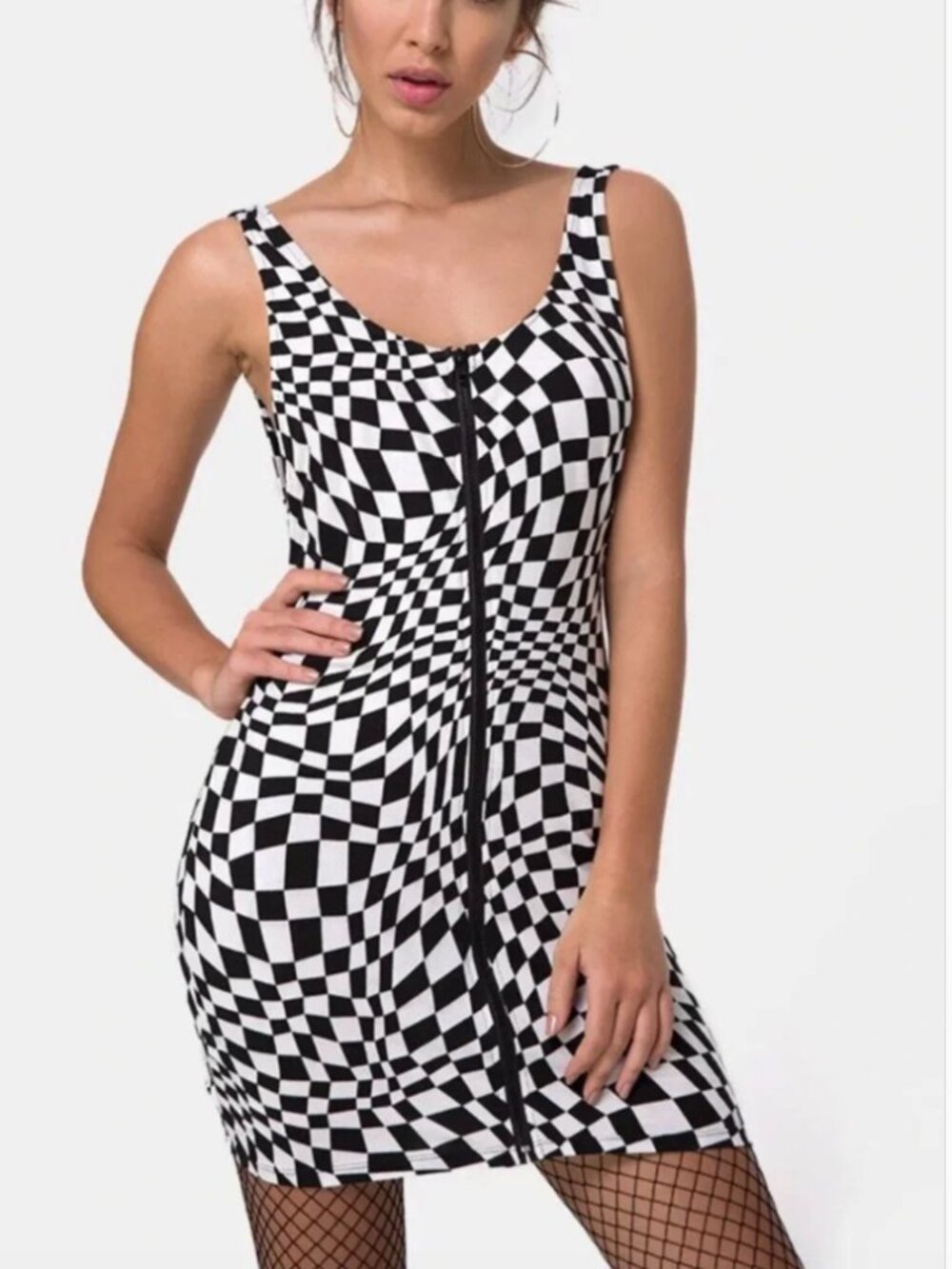 NWT Motel Rocks Black & White Optical Checkered Zip Front Mini Dress
